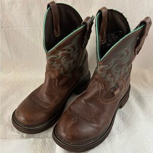 Justin Boots Brown Ankle Booties with Green Stitching